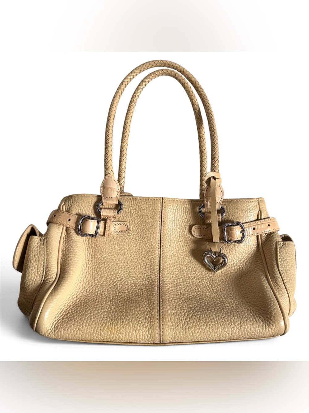 Brighton Lorna Cream Pebbled Leather Satchel Shoulder Bag Purse Braided Y2K